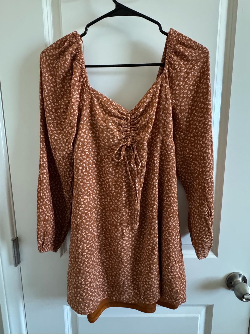 Whimsigoth Burnt Orange Floral Drawstring Peasant Dress